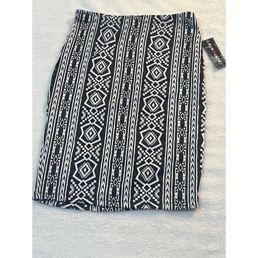 Eye Candy Womens Black White Geometric Tribal Print Bodycon Mini Skirt Large NWT